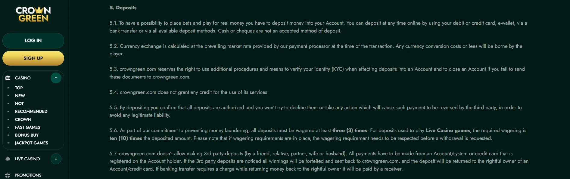 ¿Cómo depositar en la app de Crowngreen Casino?